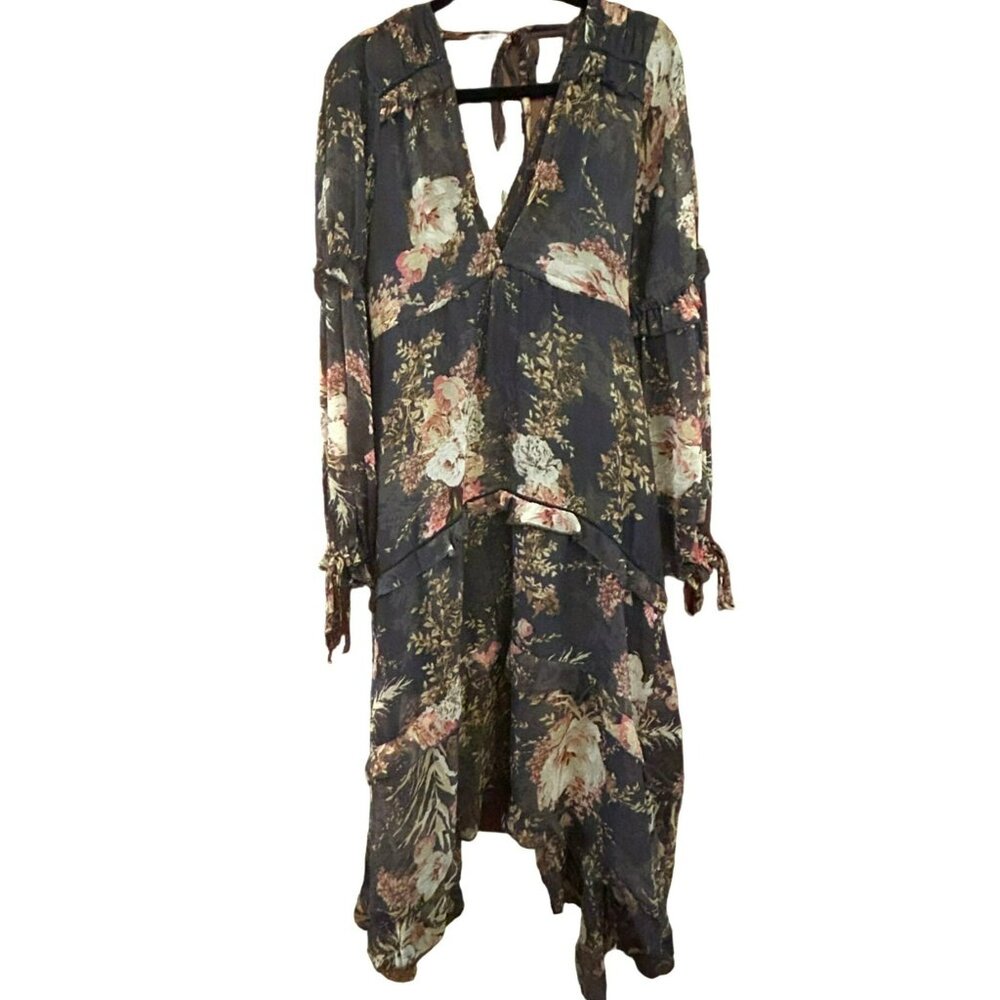 ASOS Curve Gray Bohemian Floral Long Sleeve Midi Dress Asymmetrical Cottagecore